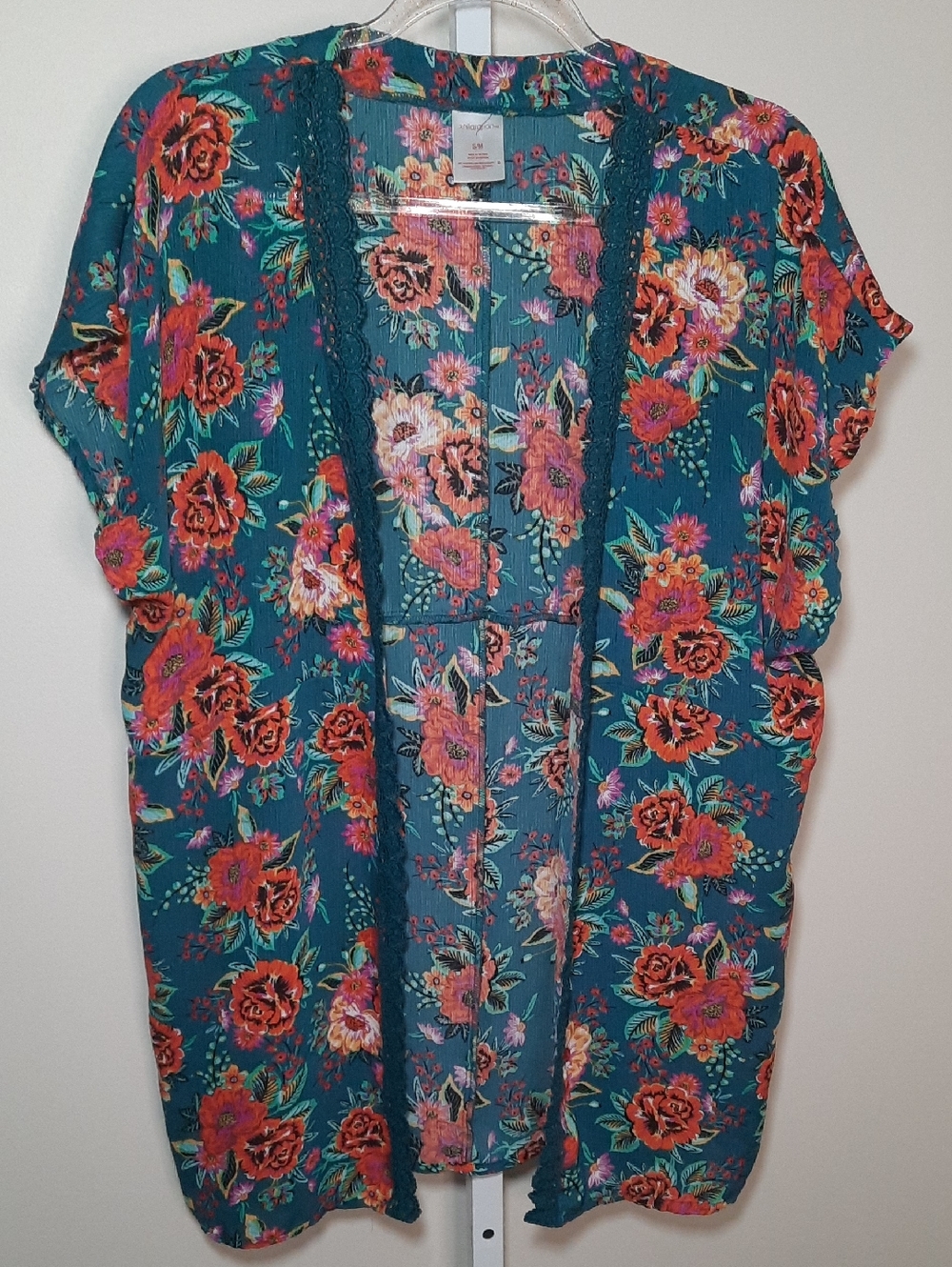 Xhilaration Teal Floral Lace-Trim Open Front Kimono Top
